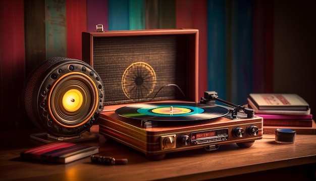 Free photo old fashioned turntable playing multi colored disco disk generative ai