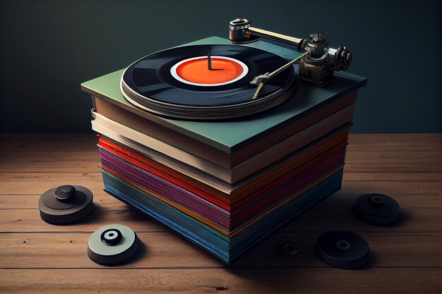 Old fashioned turntable on wooden table generative AI