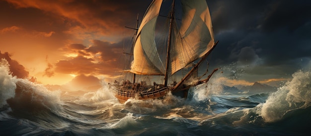 Old ghost ship sailing in a stormy sea