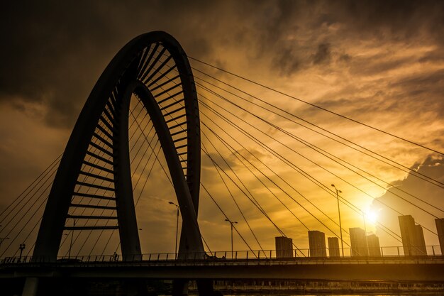 Old iron bridge at sunset