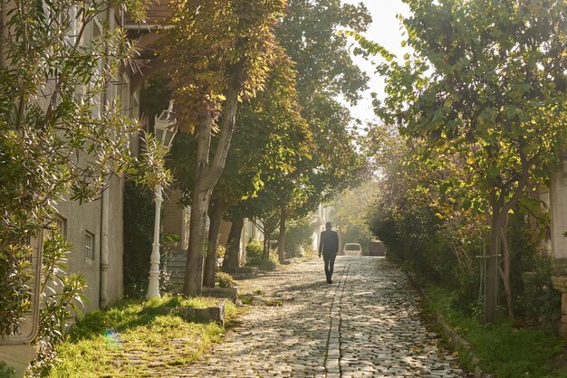 晴れた日に石畳のある古いイスタンブールの通り男が通りを歩くトルコ