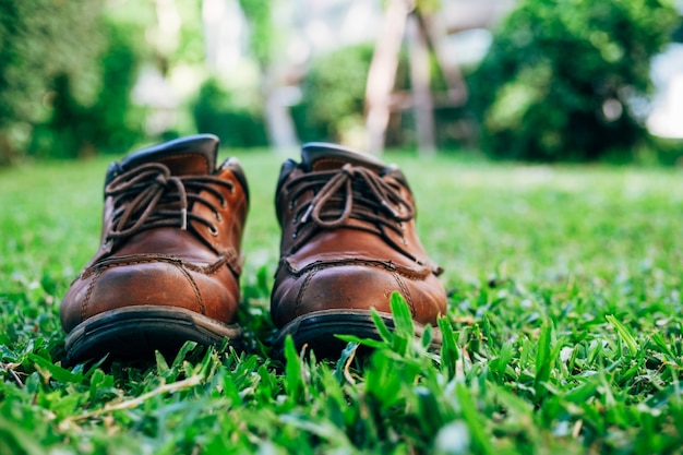 old leather boot on grass