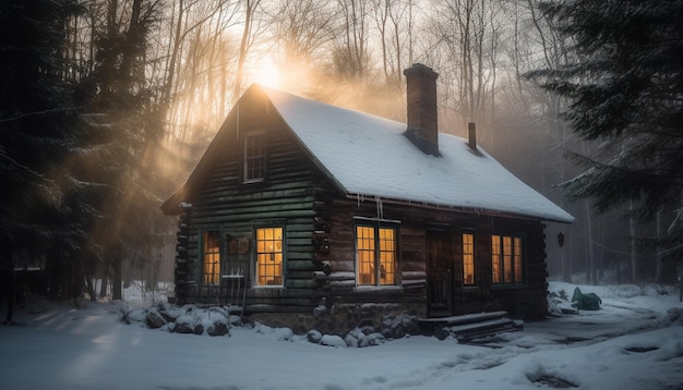 雪に覆われた森の夜の古い丸太小屋生成 AI