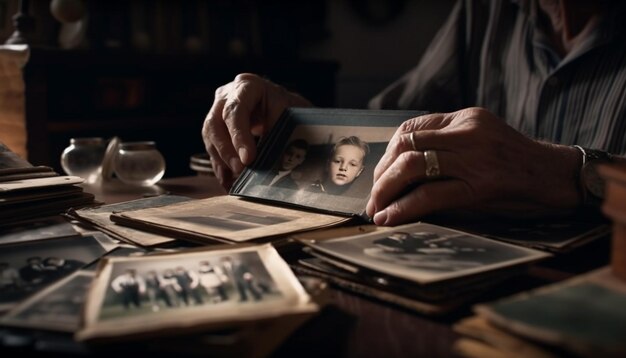 Old man holding book crafting memories indoors generated by AI