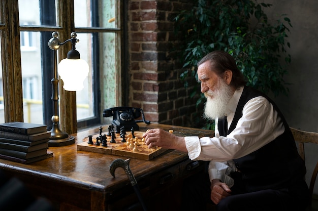 Старик играет в шахматы один, вид сбоку
