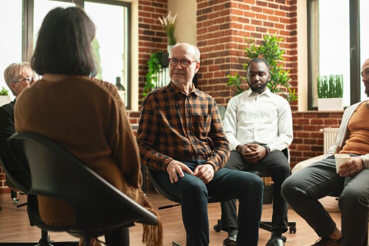 Free Photo old man sharing at group therapy session
