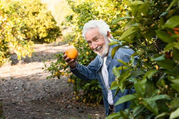 Old man standing next to his orange trees outdoors