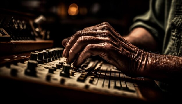 Old musician hand playing antique piano keys generated by AI