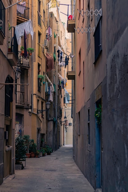 고딕 지구에서 오래 된 좁은 거리. 바르셀로나, 스페인. 스페인 우아한 구시 가지 도시 골목.