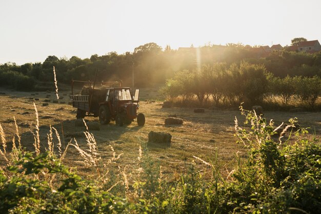 Foto gratuita vecchio trattore rosso che raccoglie i mucchi di fieno dal campo