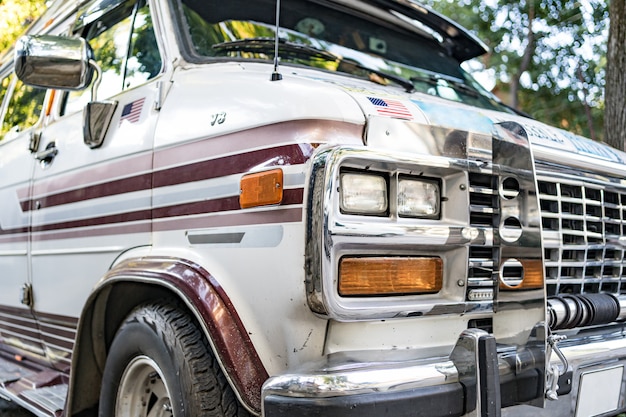 Old Retro Bus. Rough Metal Surface Texture. Vintage Car Bus