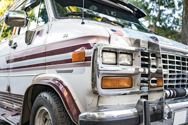 Old Retro Bus. Rough Metal Surface Texture. Vintage Car Bus