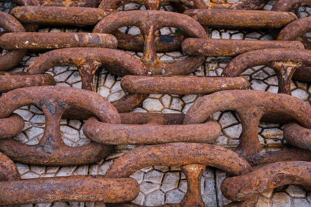 Old rusty ship's chain on the pier top view Idea for the background the concept of shipping and recycling of materials