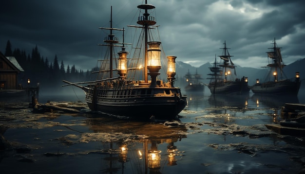 Free photo old sailing ship sails through the dark night reflecting on water generated by artificial intelligence