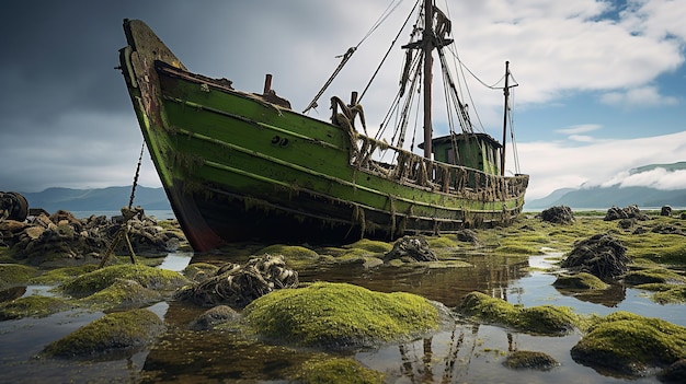 Free photo an old ship covered in green algae rests in the water