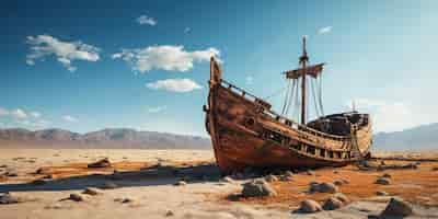 Free photo an old ship stranded in a big desert