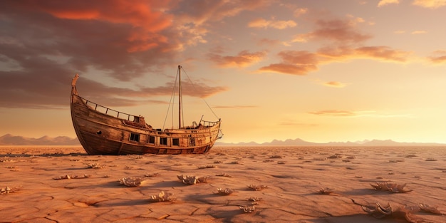 Free photo an old ship stranded in a big desert