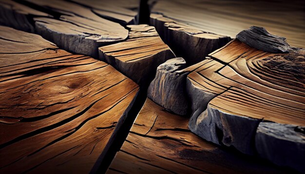 Old timber table fashioned from eroded materials generated by AI