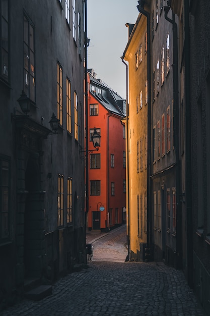 Free photo old town at stockholm during sunrise
