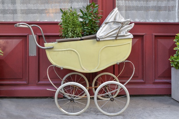 Старая винтажная детская коляска на открытом воздухе с растениями внутри.