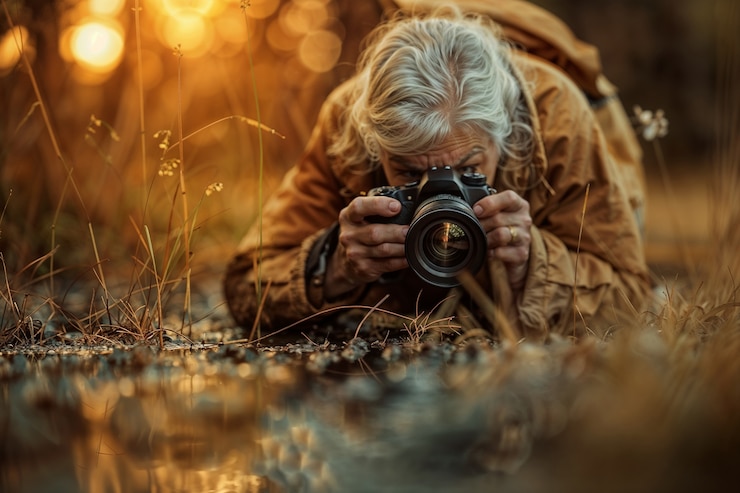 Free Photo old woman celebrating world photography day