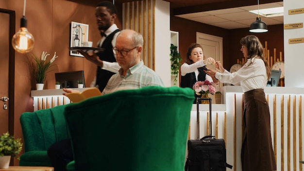 Free photo old woman filling in registration forms at front desk, passing room check in and preparing to start retirement vacation trip. traveller asking receptionist about all inclusive service. handheld shot.