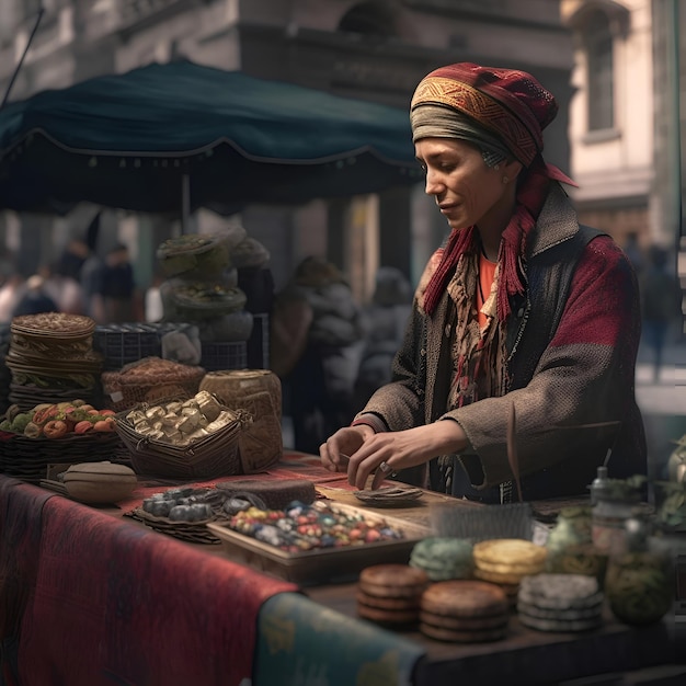 Бесплатное фото Старуха в тюрбане продает сладости на уличном рынке.