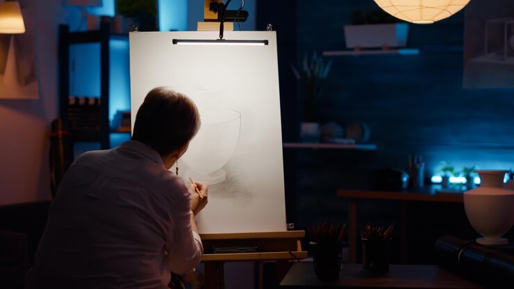 無料Photo 花瓶のインスピレーションと芸術的な設備を備えたプロのアートワークを描く創造的なスキルを持つ老婦人。ツールと鉛筆を使用して、白いキャンバスにアートの傑作を作成し、スケッチを描きます。