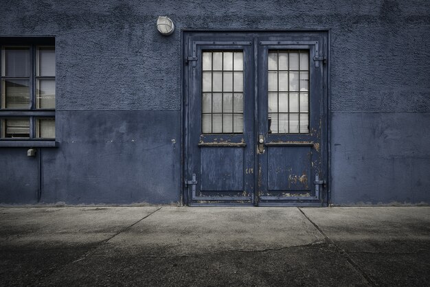 Old wooden door of a blue building during daytime