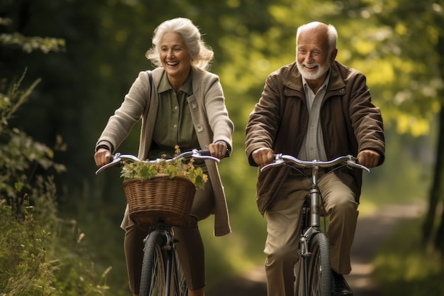 Older couple riding their bikes together outdoors