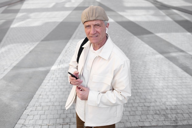 Older man outdoors in the city using smartphone with earbuds