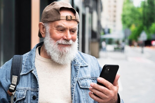 Пожилой мужчина с помощью смартфона на открытом воздухе в городе