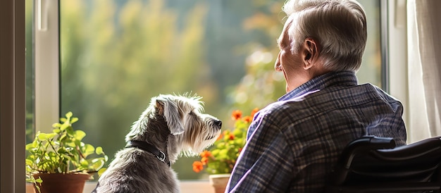 犬とともに車椅子に座っている年配の男性が窓の外を見つめています