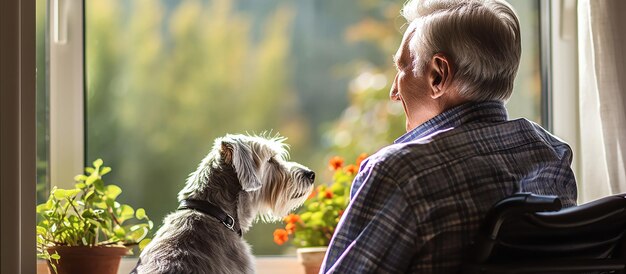 An older man in a wheelchair with his dog gazes out a window