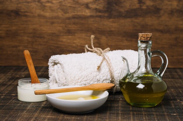 Olive oil and coconut products arranged