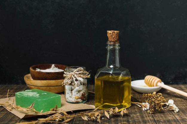 Olive oil with soap bar and other ingredients