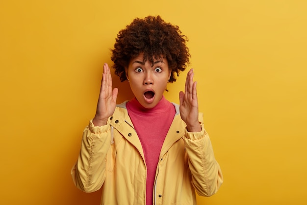 Foto gratuita omg, così grande! il ritratto di una donna scioccata dai capelli ricci eccitata mostra dimensioni enormi, alza i palmi e misura oggetti di grandi dimensioni, tiene la bocca aperta, indossa una giacca a vento casual, posa sul muro giallo