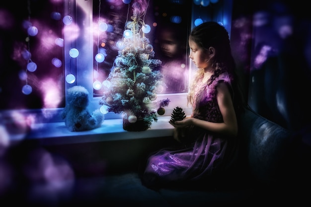 В рождественскую ночь девушка смотрит в окно в ожидании деда мороза.