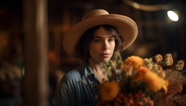 One beautiful woman holding flower standing outdoors generated by AI