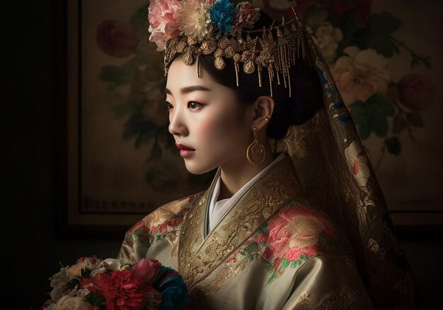 One beautiful woman in traditional East Asian dress generated by AI