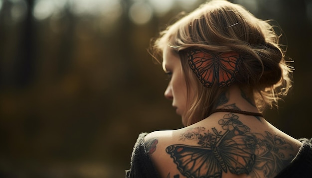 Foto gratuita una bella donna con un tatuaggio in natura generata dall'intelligenza artificiale