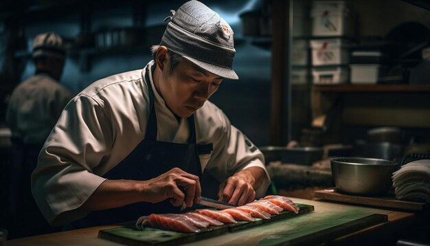 Один шеф-повар умело готовит свежие блюда японской кухни, созданные искусственным интеллектом