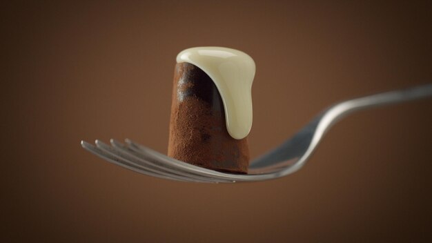 One chocolate candy on fork covered by white cream slowly falling down