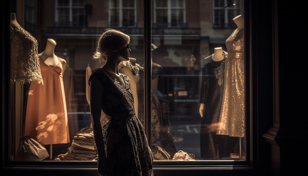 Free photo one fashionable woman standing in clothing store window generated by ai