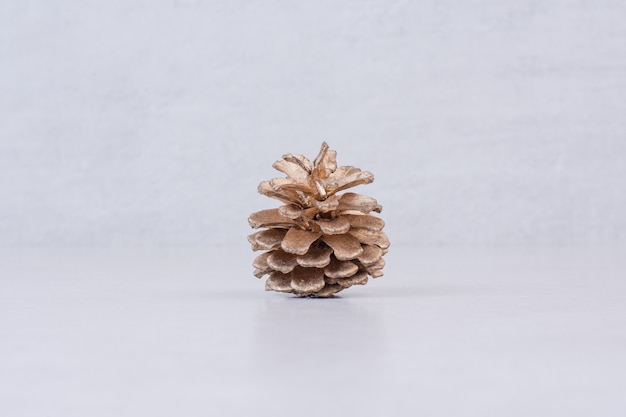 One golden pinecone on white surface