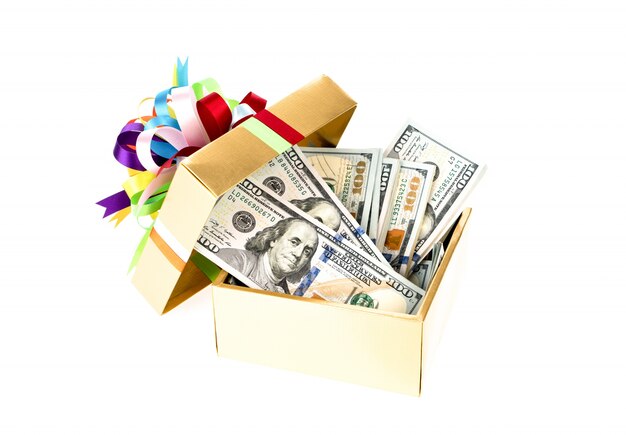 Free photo one hundred dollars banknotes in decorated gift box.