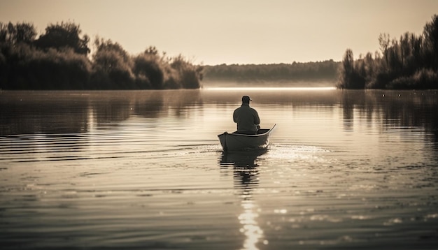 Un uomo gode di una tranquilla canoa, della pesca e del relax all'aperto generato dall'intelligenza artificiale