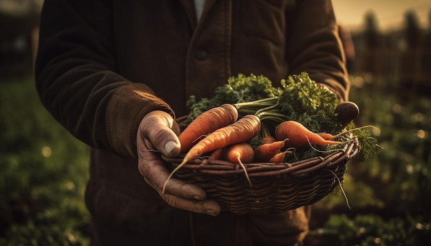 One man holding basket of homegrown produce generated by AI