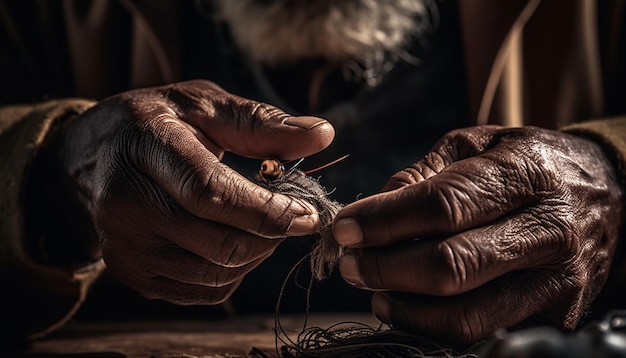 Foto gratuita un uomo che tiene in mano un prodotto artigianale per la produzione di pelle generato dall'intelligenza artificiale