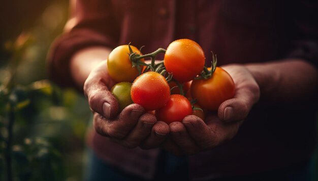 Один мужчина держит спелый помидор крупным планом свежести, созданной ИИ